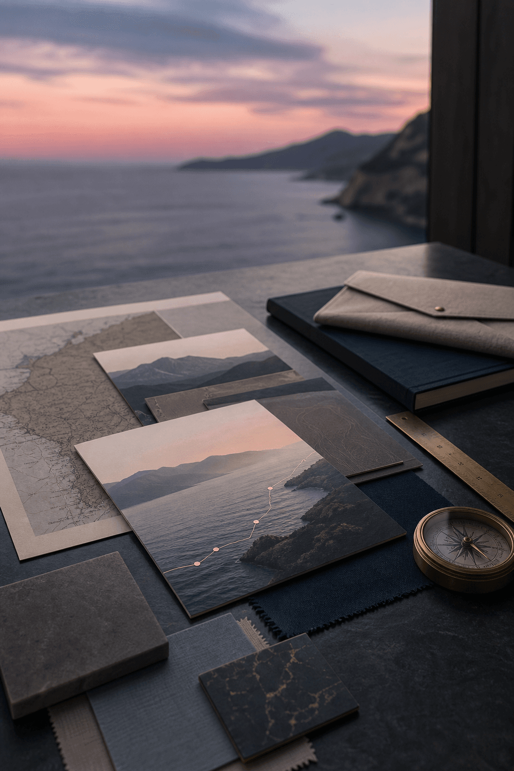 Photographies de paysages, itinéraire et boussole pour composer un voyage