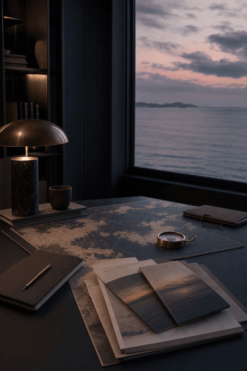 Carte du monde, boussole et carnets sur un bureau face à la mer